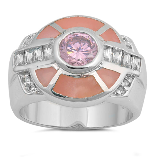Round Pink CZ Wide Large Class Ring New .925 Sterling Silver Band Sizes 6-10