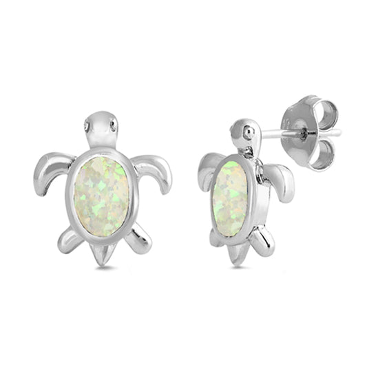 Sterling Silver Turtle High Polish Cute Ocean Earrings White Synthetic Opal 925