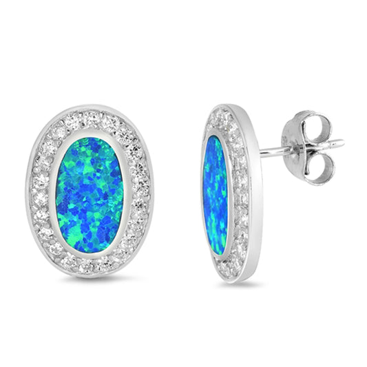 Sterling Silver Oval Halo Mosaic Elegant Earrings Blue Synthetic Opal Clear CZ
