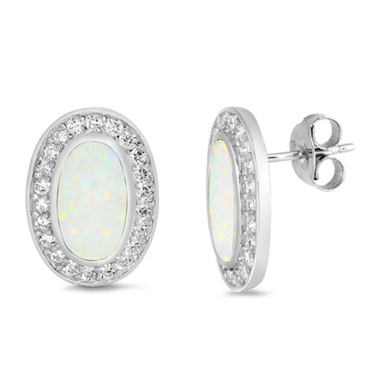 Sterling Silver Oval Halo Love Eternity Earrings White Synthetic Opal Clear CZ