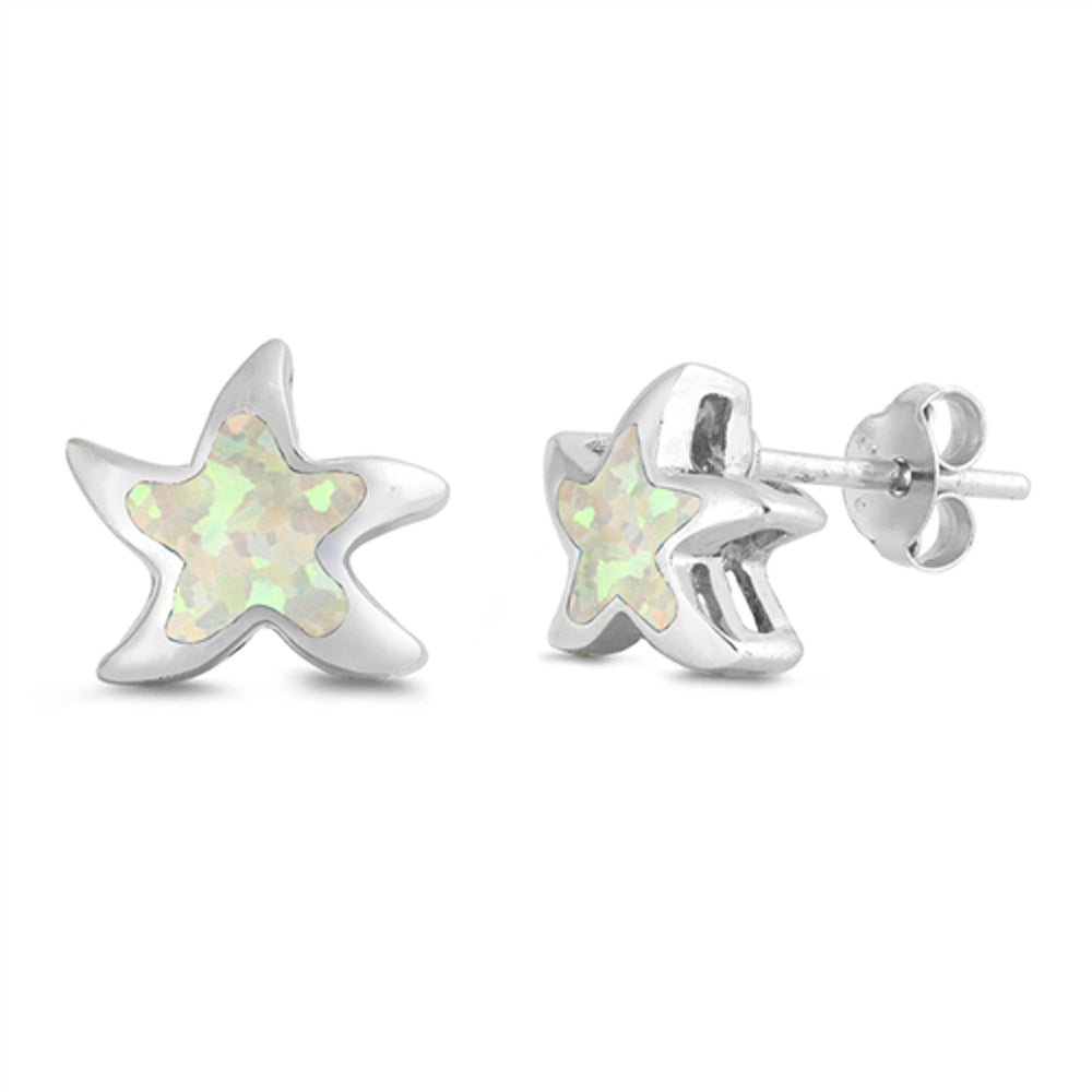 Sterling Silver Starfish Sea Star Ocean Shell White Synthetic Opal Earrings 925