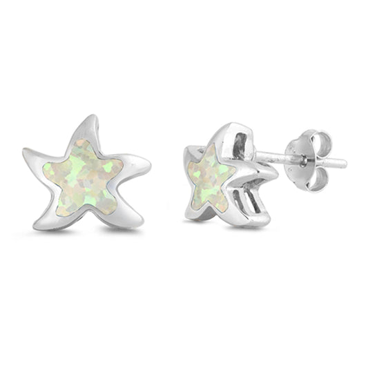 Sterling Silver Starfish Sea Star Ocean Shell White Synthetic Opal Earrings 925