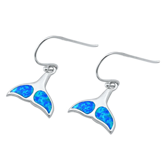 Sterling Silver Whale Tail Swim Mermaid Ocean Earrings Blue Synthetic Opal 925