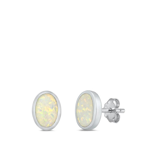 Sterling Silver High Polished White Synthetic Oval Opal Earrings .925 New