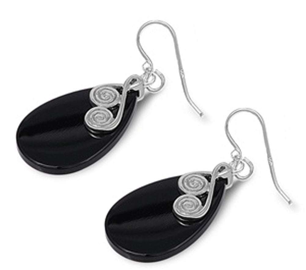 Teardrop Swirl Earrings Black Simulated Onyx .925 Sterling Silver