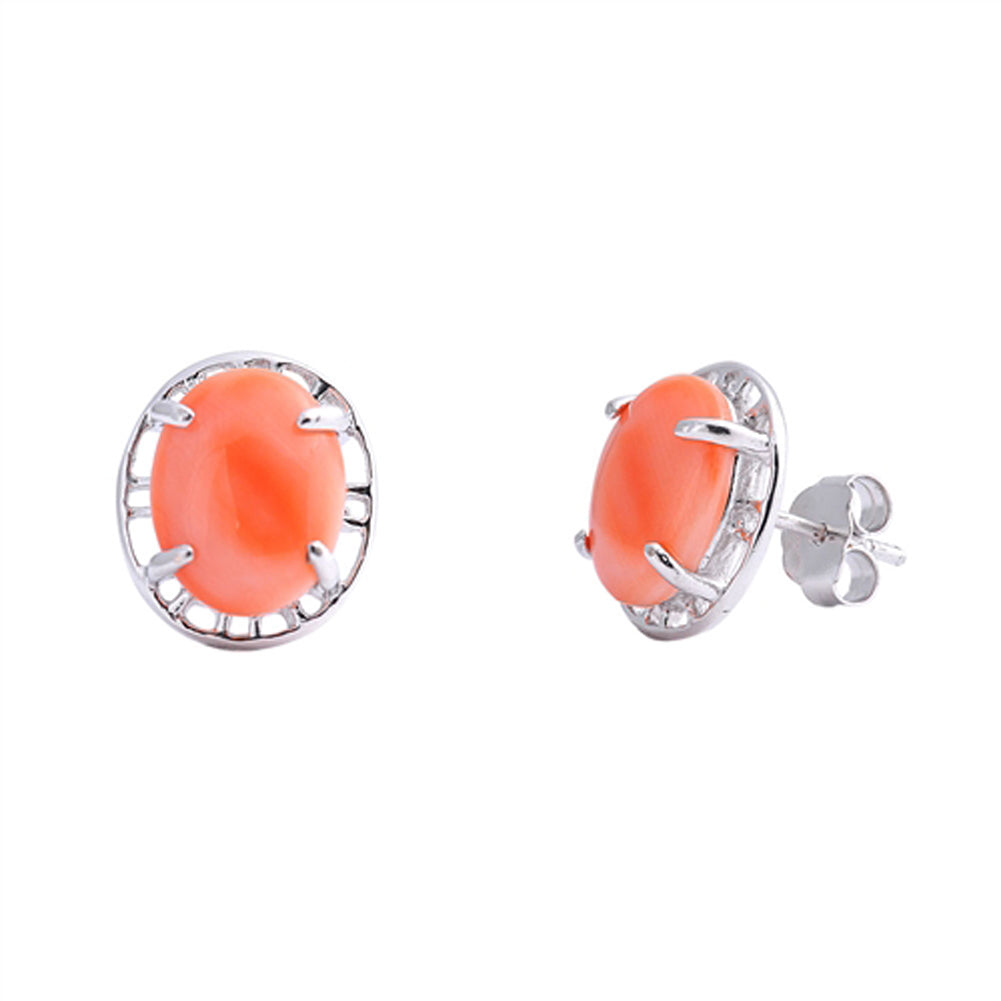 Simple Oval Classic Simulated Coral .925 Sterling Silver Fashion Chic Earrings