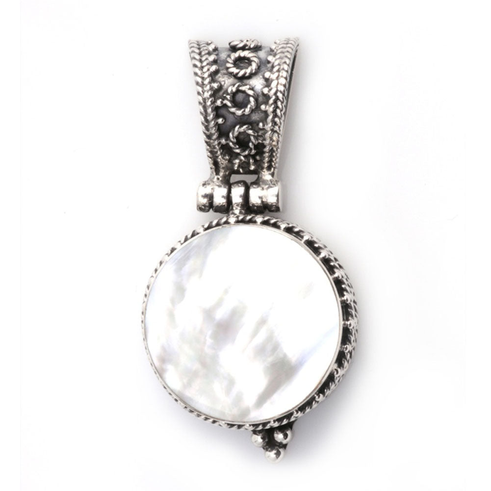 Sterling Silver Classic Round Dangle Pendant Simulated Mother of Pearl Charm