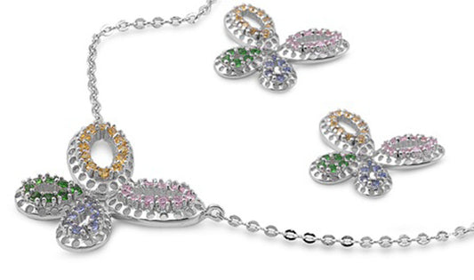 Butterfly Colorful Earrings Multicolor Simulated CZ .925 Sterling Silver Pendant Set