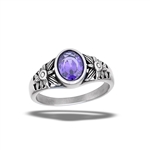 Stainless Steel Oxidized Amethyst CZ Ring With Side Bar Flowers