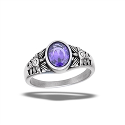 Stainless Steel Oxidized Amethyst CZ Ring With Side Bar Flowers