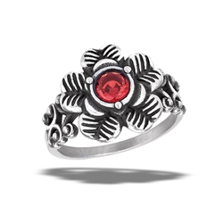 Stainless Steel Garnet CZ Flower Ring