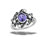 Stainless Steel Amethyst CZ Ring With White CZ Accents