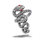 Stainless Steel Snake Ring With Red Garnet CZ Eyes