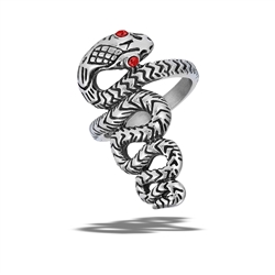 Stainless Steel Snake Ring With Red Garnet CZ Eyes