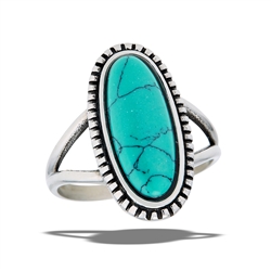 Stainless Steel Beaded Oval Ring With Synthetic Turquoise And Split Shank