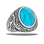 Stainless Steel Large Men's Ring With Synthetic Turquoise And Scrolling