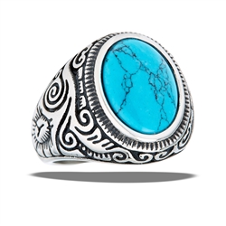 Stainless Steel Large Men's Ring With Synthetic Turquoise And Scrolling