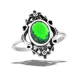 Stainless Steel Antiqued Oval Ring With Emerald CZ And Flower Accents