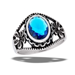 Stainless Steel Braided Oval Ring With Blue Sapphire CZ And Flowers