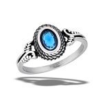 Stainless Steel Oval Ring With Blue Sapphire CZ And Leaf Accents