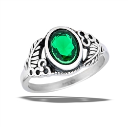 Stainless Steel Oval Ring With Emerald CZ And Side Leaves