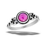 Stainless Steel Ruby Red CZ Cabochon Ring With Granulation And Alhambra Crosses