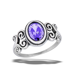 Stainless Steel Braided Oval Ring With Amethyst CZ And Swirl Accents