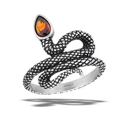 Stainless Steel Coiled Snake Ring With Marquise Shaped Garnet CZ Head