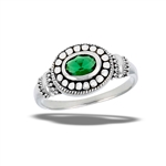 Sterling Silver Bali Style Granulated Ring With Synthetic Emerald