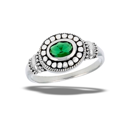 Sterling Silver Bali Style Granulated Ring With Synthetic Emerald