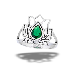 Sterling Silver Lotus Ring With Synthetic Emerald Center