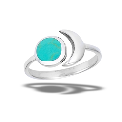 Sterling Silver Adjustable Crescent Moon And Synthetic Turquoise Sun Ring