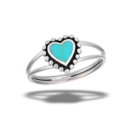 Sterling Silver Granulated Heart Ring With Synthetic Turquoise