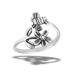 Sterling Silver Adjustable Bee And Flower Ring