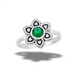 Sterling Silver Aztec Flower Ring With Synthetic Emerald