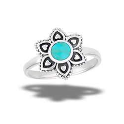 Sterling Silver Aztec Flower Ring With Synthetic Turquoise And Granulation