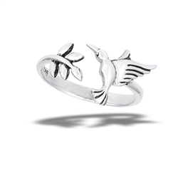 Sterling Silver Bird Hovering Over Leaves Ring