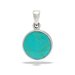 Sterling Silver Round Synthetic Turquoise Pendant With Hammered Back