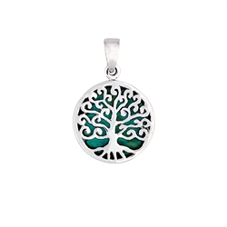 Sterling Silver Two Sided Synthetic Turquoise With Tree Of Life Pendant